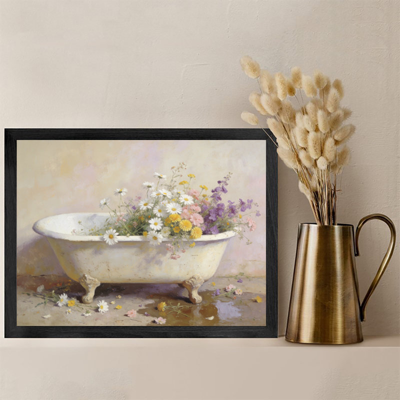 Art mural rétro noir avec baignoire florale rétro, impressions de style réalisme classique, H 9 po x l 11 po