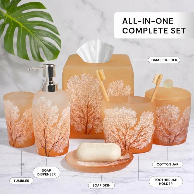 Bathroom Accessories Set - Modern Resin Bathroom Décor with Soap Dispenser, Toothbrush Holder, Tumbler & Tissue Box for Countertop and Bathroom Sets (6Pcs)