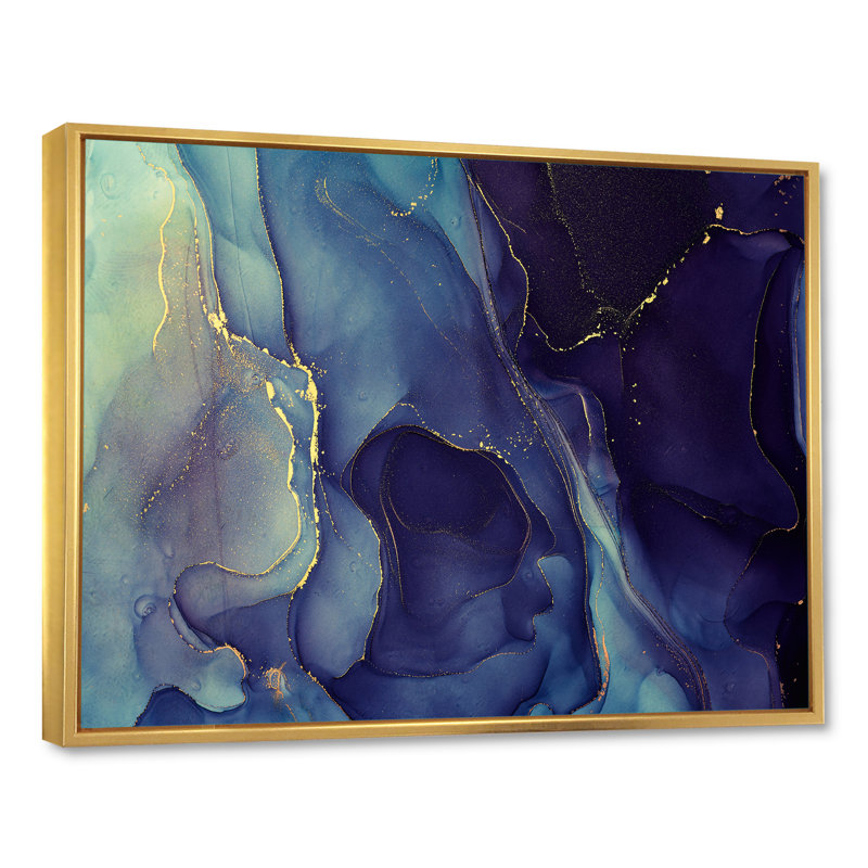 Abstrait, art mural sur toile, impression à l'encre liquide bleue, H 12 po x l 20 po, Toile avec cadre flottant, Doré