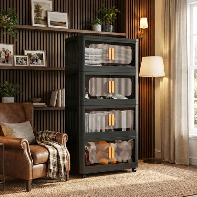 24" Wide Folding Storage Cabinet With Magnetic Doors, 4-Tier / 5-Tier Collapsible Plastic Organizer On Wheels (Black)