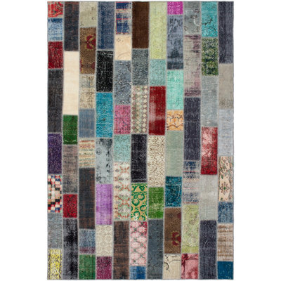 Tapis unique en laine noué à la main bleu / gris / vert des années 2010 de 6 pi 9 po x 10 pi 3 po Clarisabel