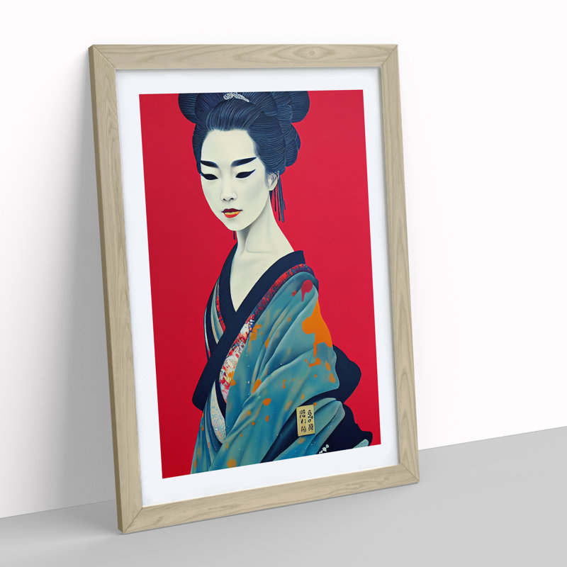 Charismatic Geisha - Wall Art, 36cm H x 27cm W x 2cm D, Oak Framed, White