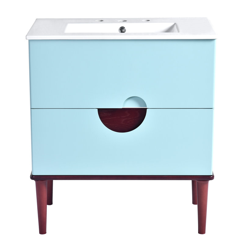 Ensemble de meuble-lavabo 30 po avec lavabo en céramique et 2 tiroirs en bois massif bleu moderne