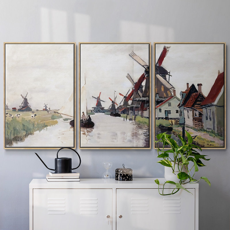 Windmills in Holland, 1871 - Toile encadrée multi-pièces, H 24 po x l 48 po x P 2 po, Naturel