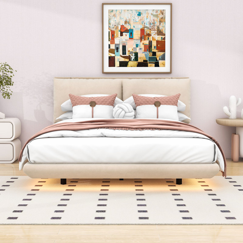 Queen Upholstered Platform Bed with Sensor Light and Floating Design, Beige