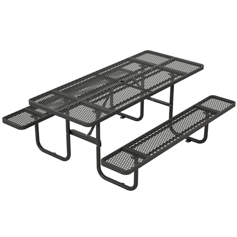 Metal Picnic Tables for Outdoors with Umbrella Hole - Coated Steel Heavy Duty Commercial Grade Table, Black