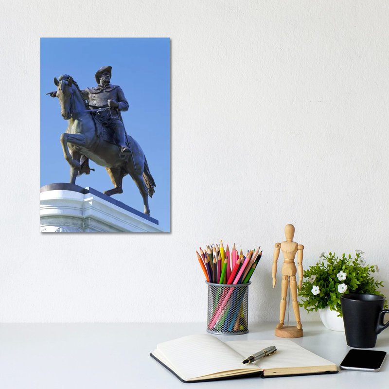 Statue Of Sam Houston Pointing Towards San Jacinto Battlefield Against Blue Sky, Hermann Park, Houston, Texas, USA - Wrapped Canvas Print