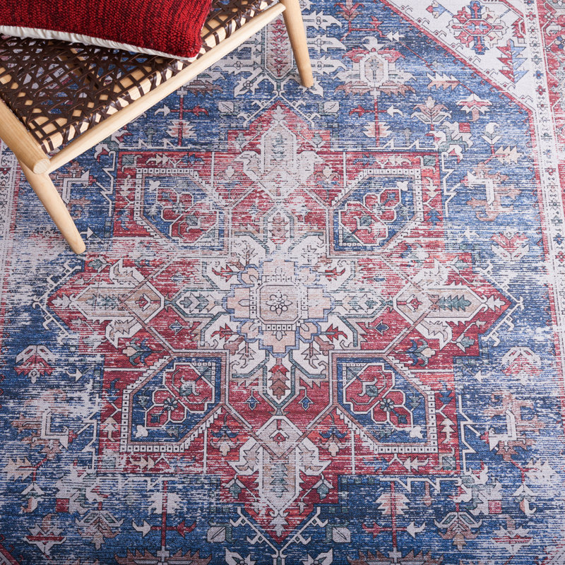 Tucson Florentine Machine Washable Non-Slip Area Rug , Navy Blue/Red, Rectangle 183 x 274 cm