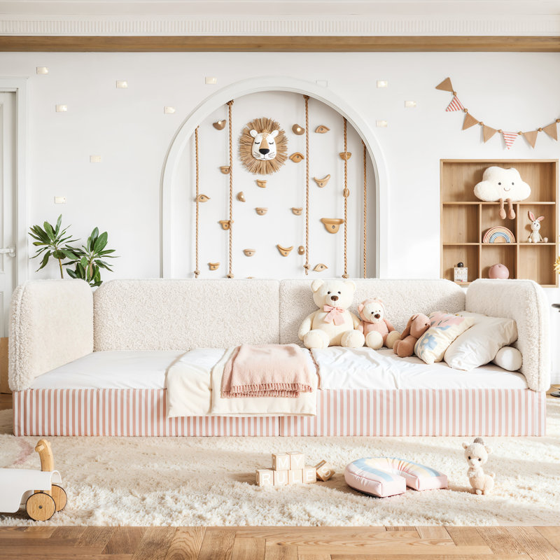 Lit pour grand lit rembourré en molleton Montessori, plateforme semi-fermée à profil bas avec garde-corps latéraux, beige