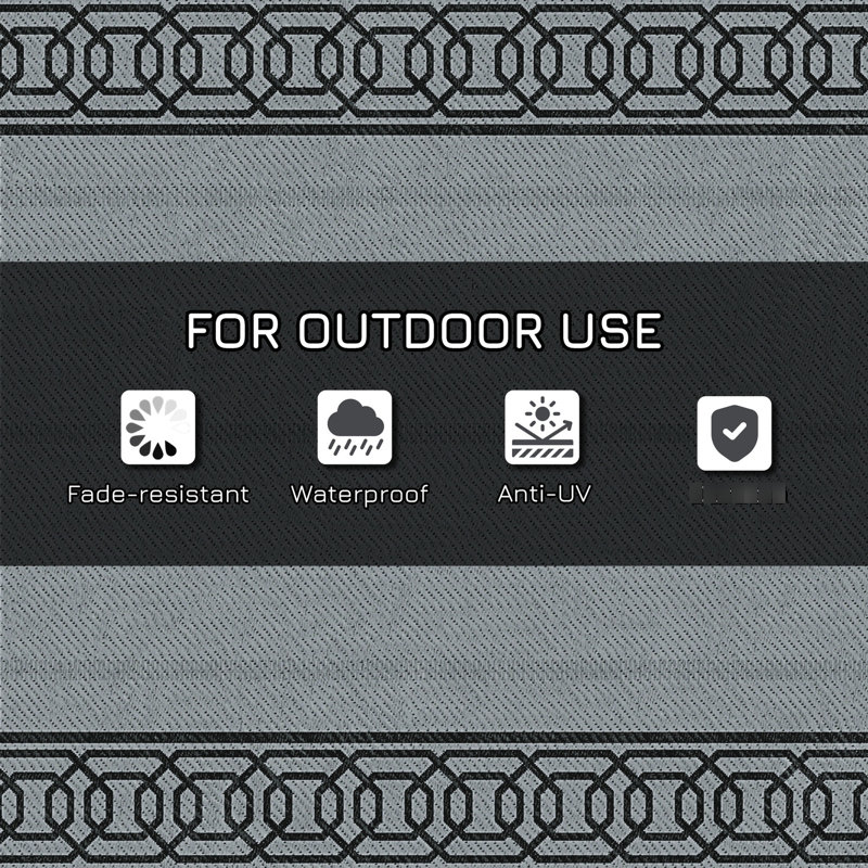 Tapis de plage Deck Beach, extérieur en plastique imperméable 9 pi x 12 pi, réversible, bordure noire et grise, pour cour arrière, pique-nique, tapis d'extérieur de camping