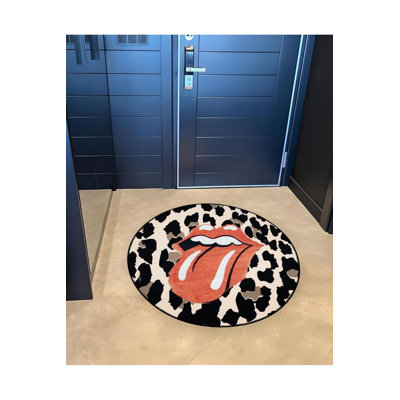 Round Leopard Pattern Red Lips and Tongue Detailed Woven Base Modern Decorative Machine Washable Rug
