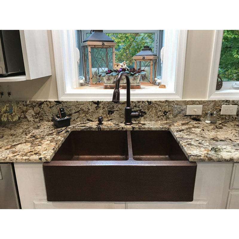 33" Hammered Copper Apron Front 60/40 Double Basin Kitchen Sink