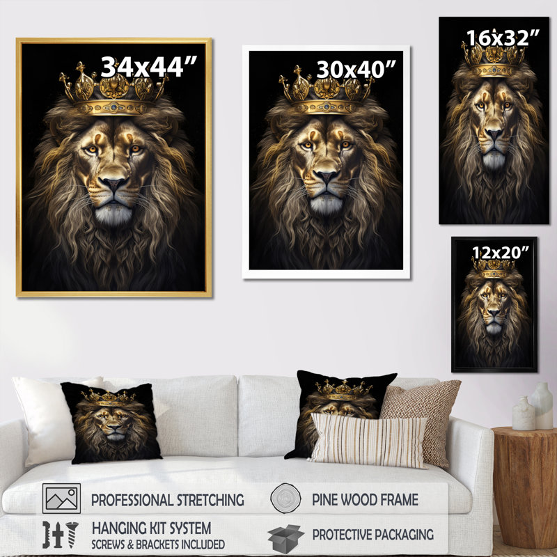 Majestic lion royal avec couronne d'or I - impressions sur toile de lion, Cadre simple noir, H 44 po x l 34 po x P 1,5 po