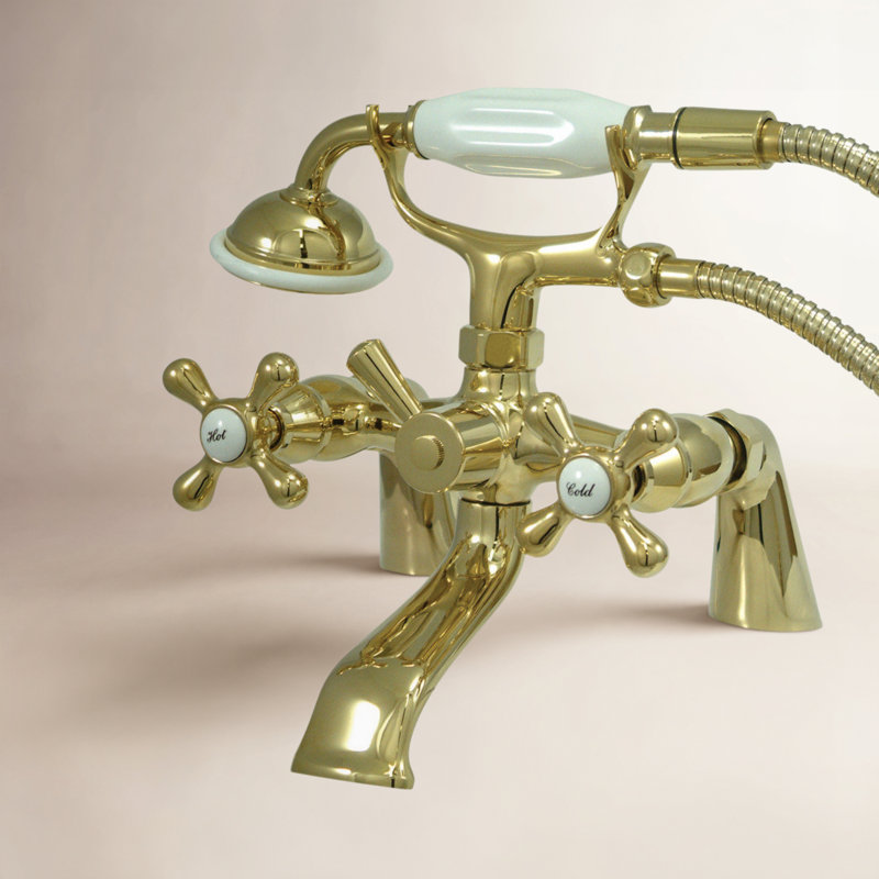 Kingston Triple Handle Deck Mounted Clawfoot Tub Faucet with Diverter and Handshower, Polished Brass