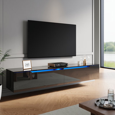Floating TV Cabinet with RGB LED Light, Wall Mounted TV Stand, Soft Close Flip Doors Cable Hole