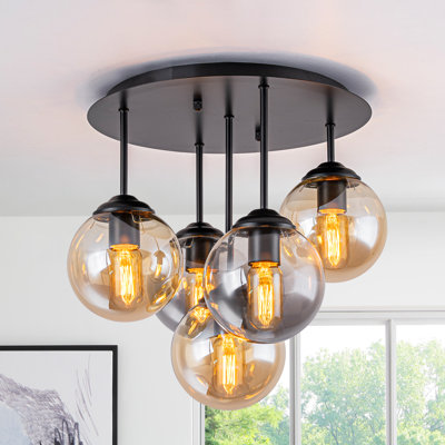 5-Light Semi Flush Mount Ceiling Light, Modern Industrial Semi-Flush Fixture with Matte Black Frame, Amber & Smoky Gray Glass Shades, 5 E26 Sockets, 17.3" Wide