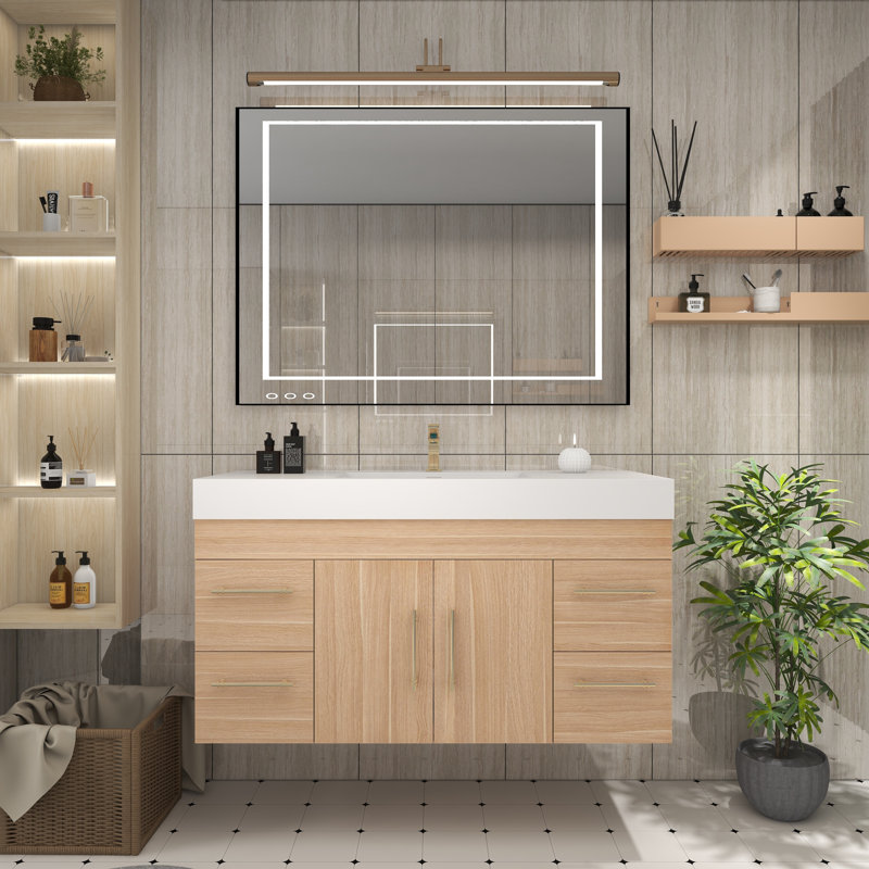 Ensemble de meuble-lavabo simple mural 47,2 "avec tiroirs et portes, Chêne champagne