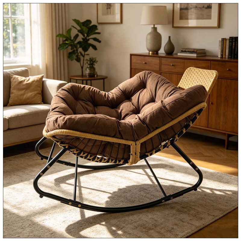 Chaise berçante surdimensionnée Papasan avec coussin épais et coussin en rotin, Brun