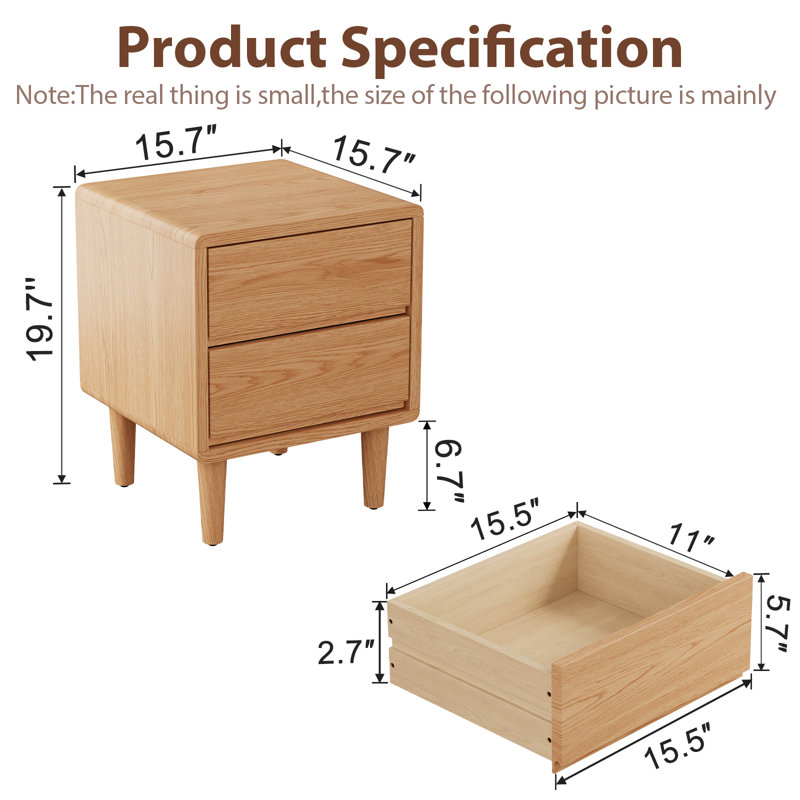 Aevah Solid Wood Mid-Century Modern Nightstand, Tan, 19.7" H