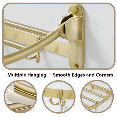 Porte-serviettes pliable avec barres à serviettes et crochets réglables, porte-serviettes mural rétro en acier inoxydable antirouille pour salle de bain, chambre à coucher et garde-robe