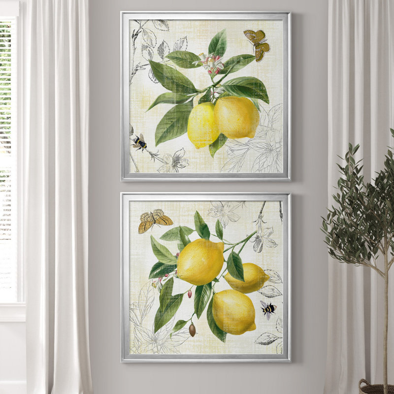 Linen Lemons I - ensemble de 2 impressions, H 26,5 po x l 53 po x P 1,5 po, Pas de tapis, Toile encadrée argentée