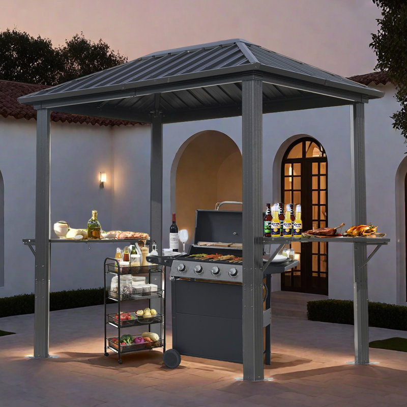 Pavillon de jardin pour barbecue en aluminium avec toit rigide et crochets de 5 pi x 8 pi pour l'extérieur