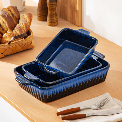 vancasso Reactive Glaze Blue Ceramic Baking Dish Set of 3, Farmhouse Stackable Casserole Pan, 45/64/92oz, Microwave Oven & Dishwasher Safe