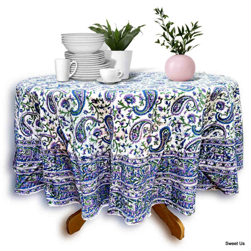 Block Print Floral Cotton Round Tablecloth, BLue