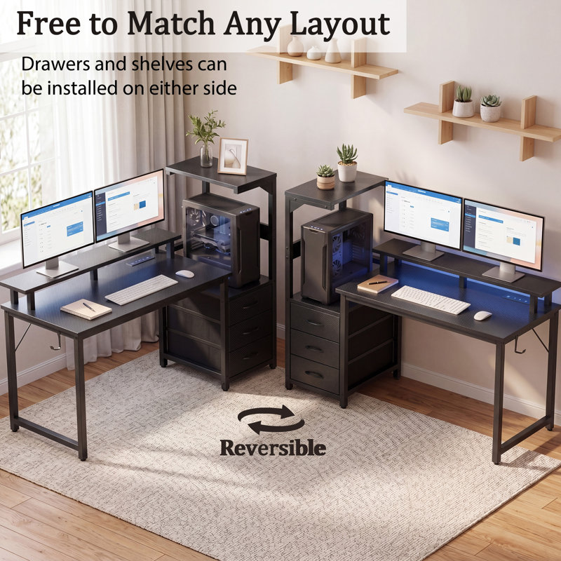 59 Inch Fixed Office Desk, 3 Drawer Side Storage Shelf with LED Lighting & Power Strip, 45.3" H x 59" W x 50.5" D, Black