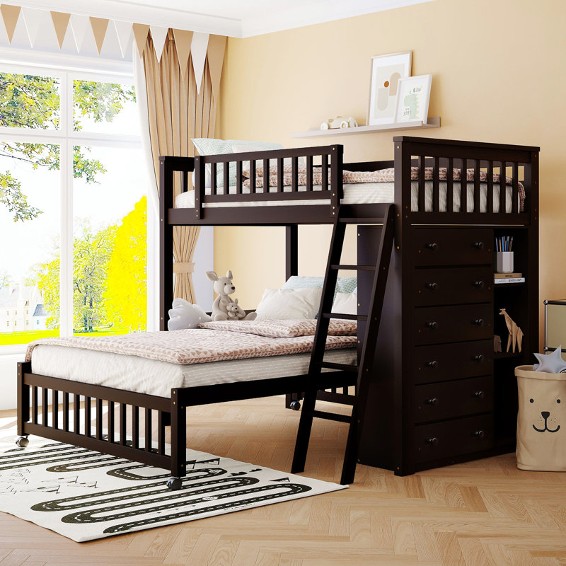 Twin Over Full Wooden Bunk Bed With 6 Chest & Flexible Shelf Options In Configuration, 6 Drawers Versatile Shelving, Espresso