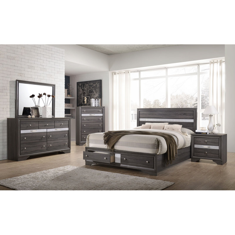 Ensemble de chambre avec lit plateforme et rangement Marielena Risa, Noir / argent, Grand