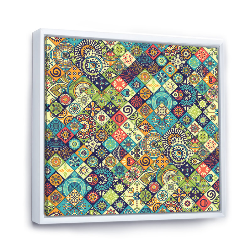 «Ethnic Floral Geometrics», impression sur toile, H 31 po x l 31 po x P 1 po, Cadre blanc