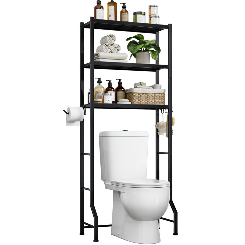 Over The Toilet Storage Rack - Freestanding Over The Toilet Storage Cabinet with Paper Holder & Hooks, Bathroom Organizers and Storage, Black, 3 Tiers (61" H)