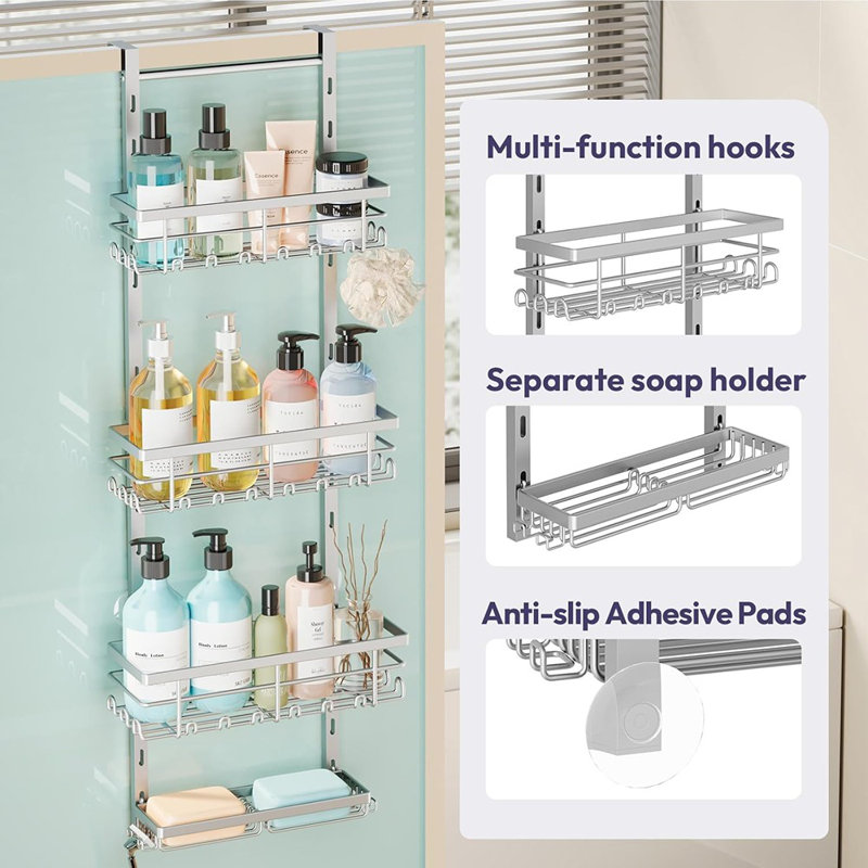 Over The Door Shower Caddy – Silver – 4-Tier Rustproof Hanging Bathroom Organizer With Adjustable Shelves, 40 Hooks & Soap Holder