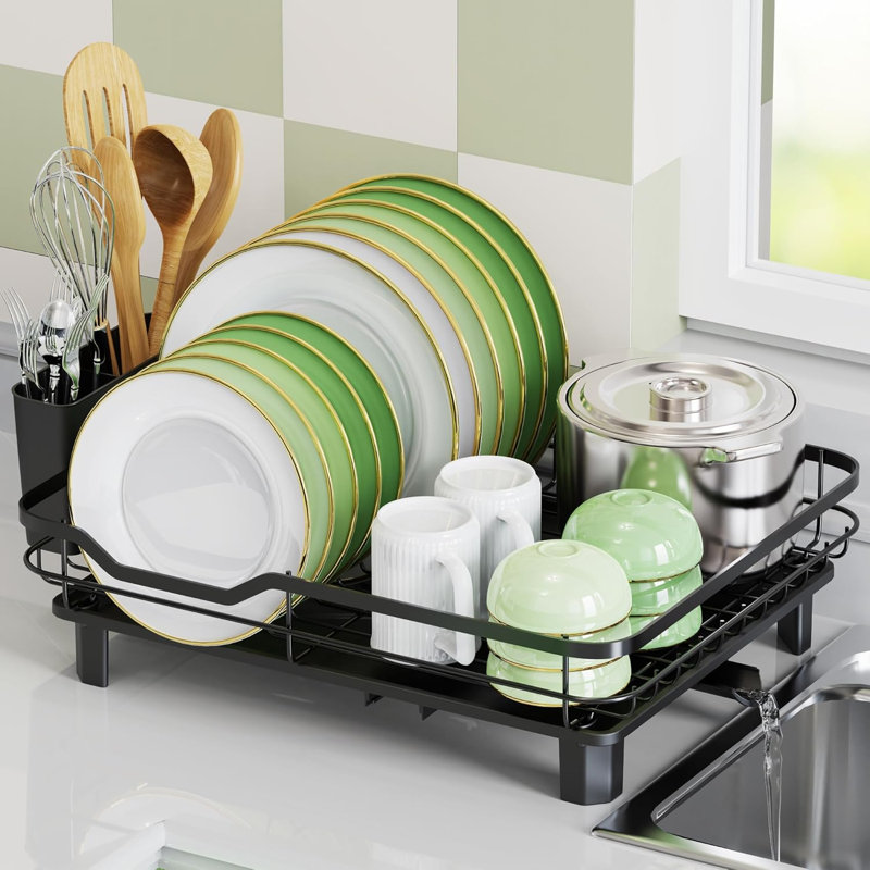 Dish Drying Rack, Stainless Steel Rustproof Dish Rack for Kitchen Counter, Sturdy Dish Drainer with Drainboard, Drainage, Utensil Holder, Black