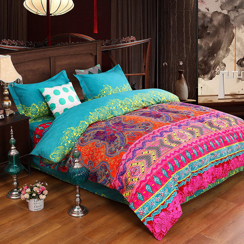 Bohemian Polyester Twill Floral Duvet Cover, Queen Duvet Cover + 2 Pillow Cases