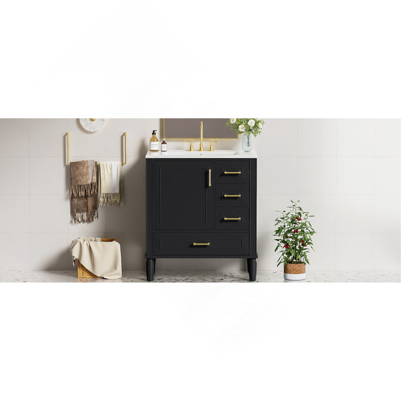 Ensemble de meuble-lavabo traditionnel noir de 30 po avec trois tiroirs, portes à fermeture douce et longues poignées en métal doré - pour les petites salles de bain