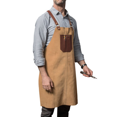 Shop Apron - Premium Suede And Leather Woodworking, Carpenters, Cooking, Or BBQ Apron For Men With Large Breast Pocket, Cross Straps And Brass Fasteners - Leather Gifts