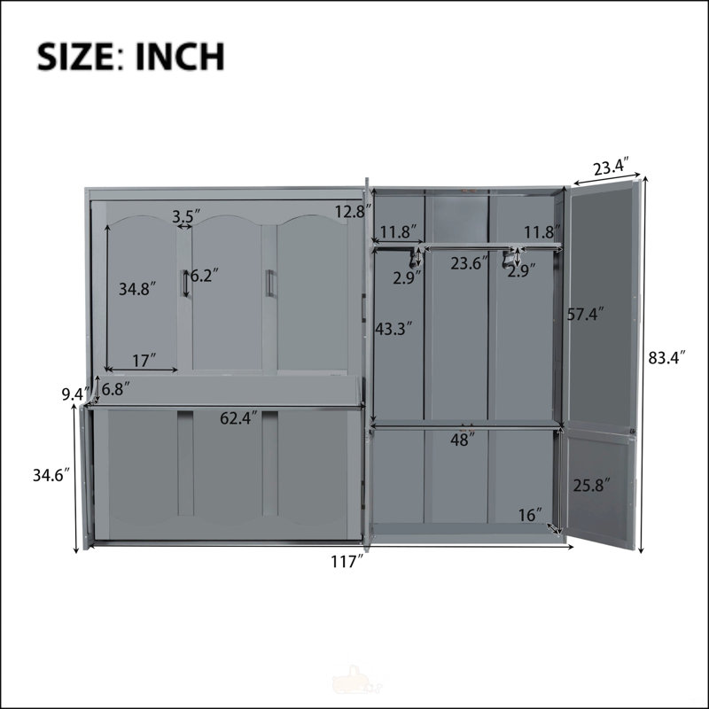Grand lit escamotable mural avec placard, Gris