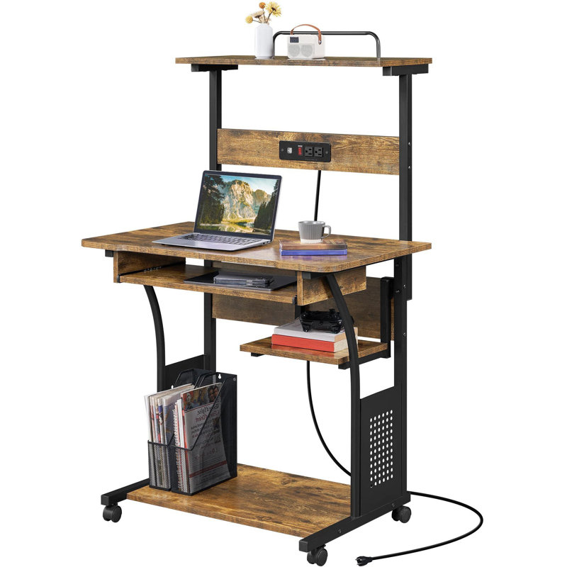 3-Tier Rolling Computer Desk with Charging Station, USB Ports, and Keyboard Tray for Home Office, Rustic Brown/Black