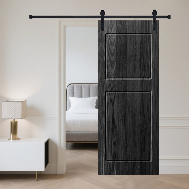 Porte de grange coulissante moderne en bois noir à 2 panneaux avec ensemble de quincaillerie