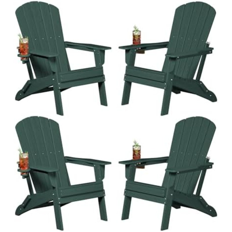 Folding Adirondack Chair Set Of 6 With Cup Holder，Wooden Textured ，Heavy All-Weather HDPE Comfortable Set Poolside Backyard Lawn, Aruba Blue