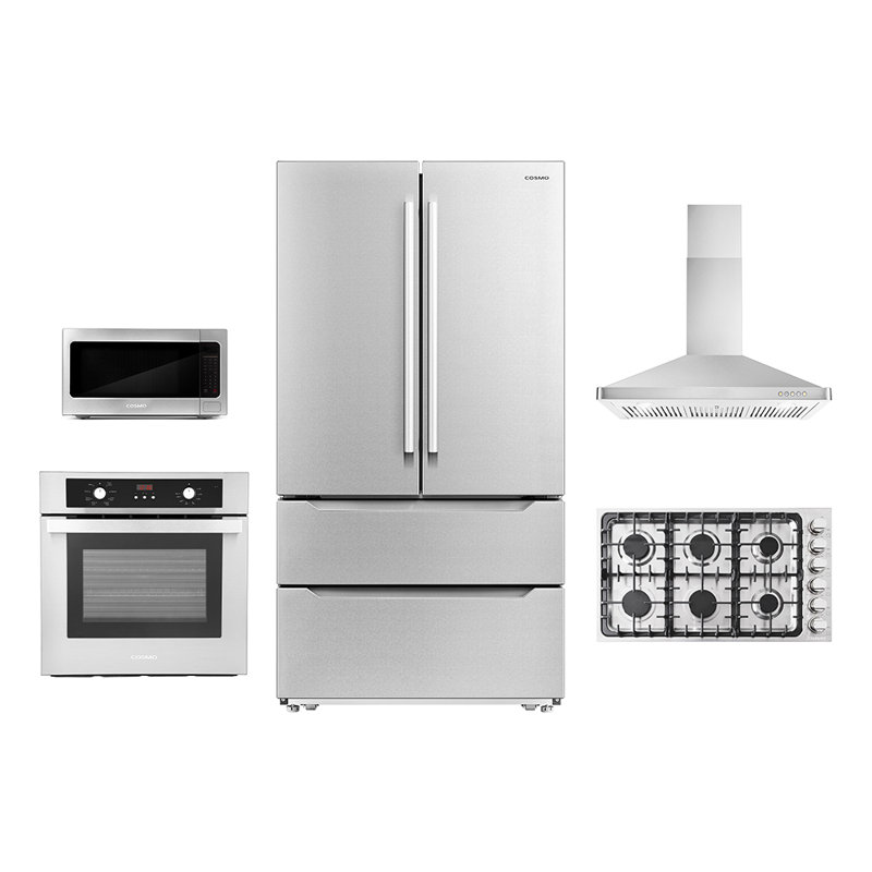Cosmo 5 Piece Kitchen Appliance Package with French Door Refrigerator 36'' Cooktop Built-In Wall Mount Range Hood