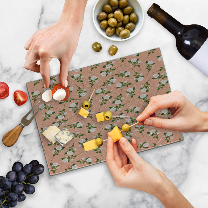 Ambesonne Floral Tempered Glass Cutting Board Rose Bouquet Flowers Graphic Rose Olive Green Peach