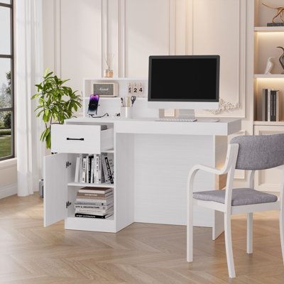 White Modern Reception Desk With LED Lights, Power Outlet, Drawer And Cabinet For Office