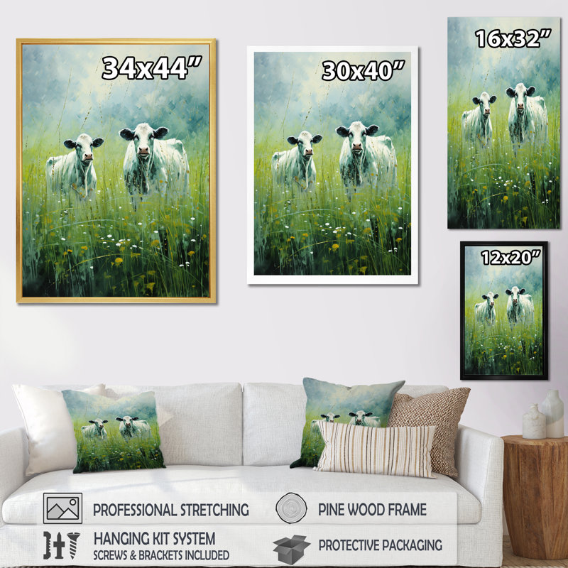 Vache dans les pâturages verdoyants sur toile, Cadre flottant noir, H 32 po x l 16 po x P 1 po