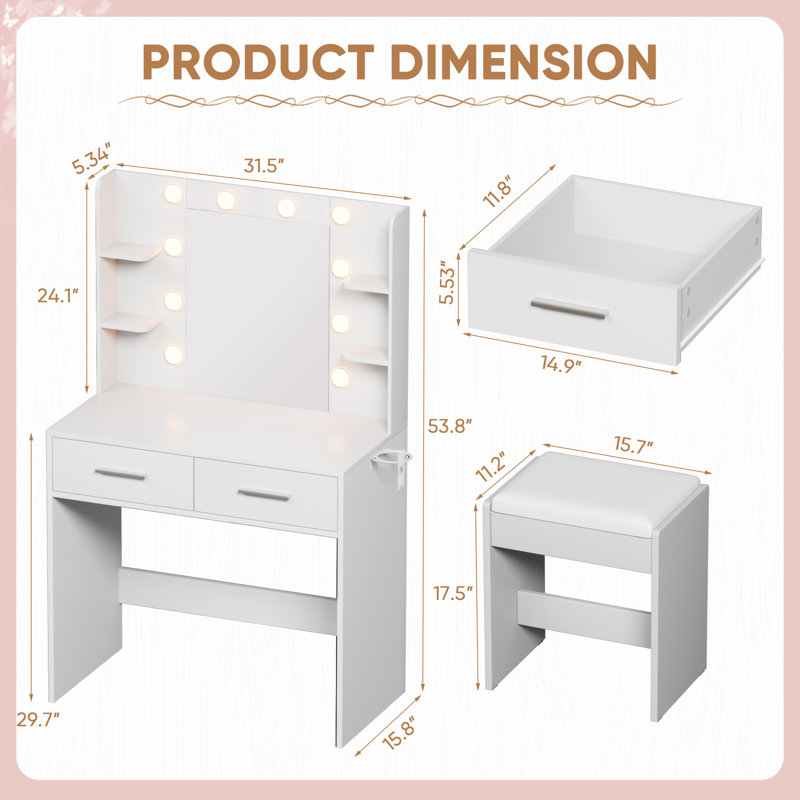Makeup Vanity Desk with Lighted Mirror & Power Outlet, Makeup Vanity with stool, White
