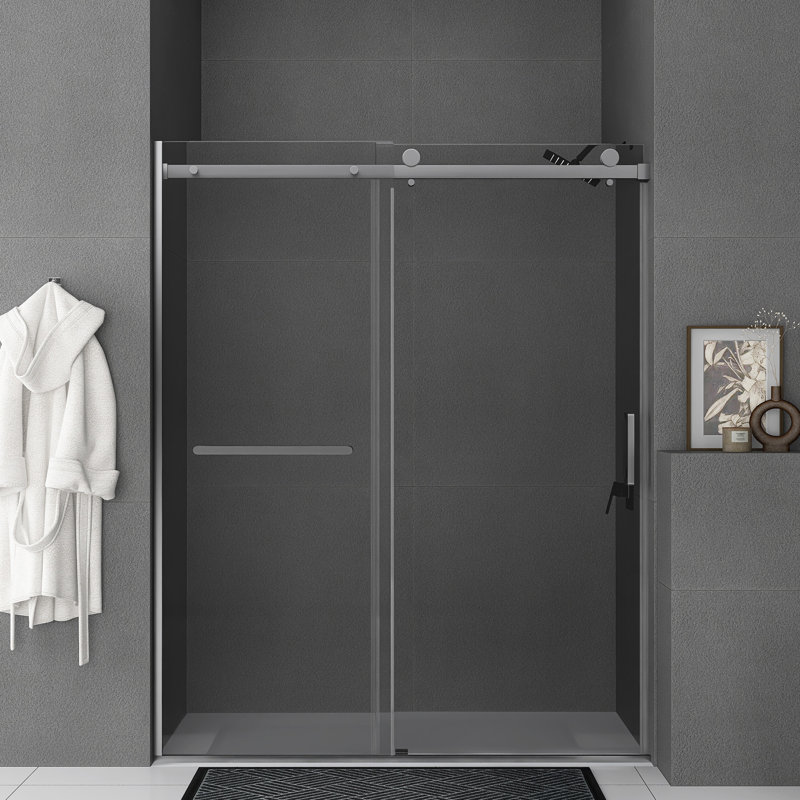Porte de douche coulissante simple demi-cadre l 56 à 60 po x H 75 po, Nickel brossé