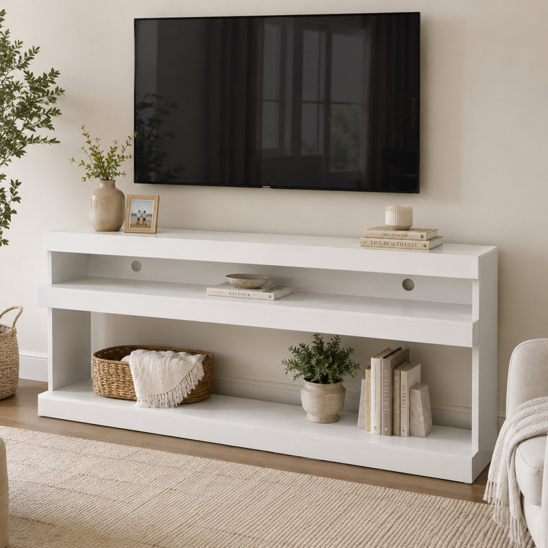 73" White TV Stand With Open Storage Shelves And Cable Management