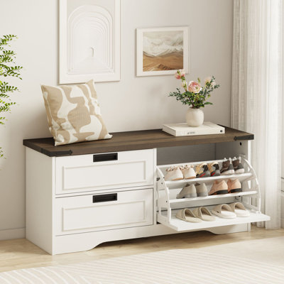 Banc d'entrée Guinna Farmhouse, banc de rangement pour chaussures en bois avec tiroir rabattable, armoire de rangement pour entrée de chaussures, banc de rangement de chaussures dissimulé pour le couloir du salon